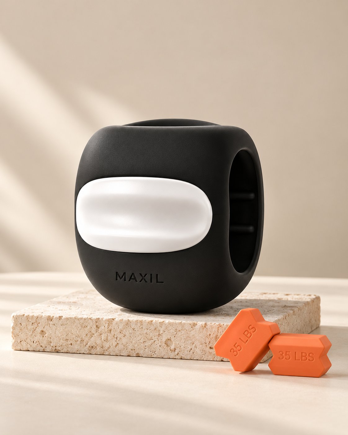 MAXIL Pulse noir sur une pierre claire et deux accessoires MAXIL Impact orange 35 lb